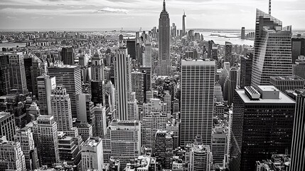 Black and white New York City panorama which brings forward which brings forward