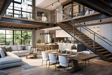 Fototapeta premium Modern Loft Apartment with Open Floor Plan and Industrial Design