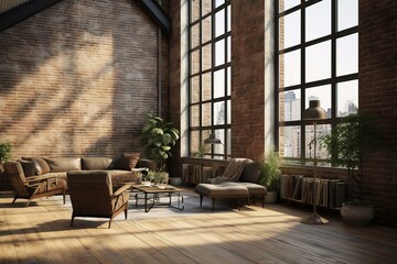 Modern Loft Apartment with Brick Wall and Large Windows