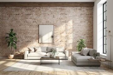 Modern Living Room Interior Design with Brick Wall and Natural Light