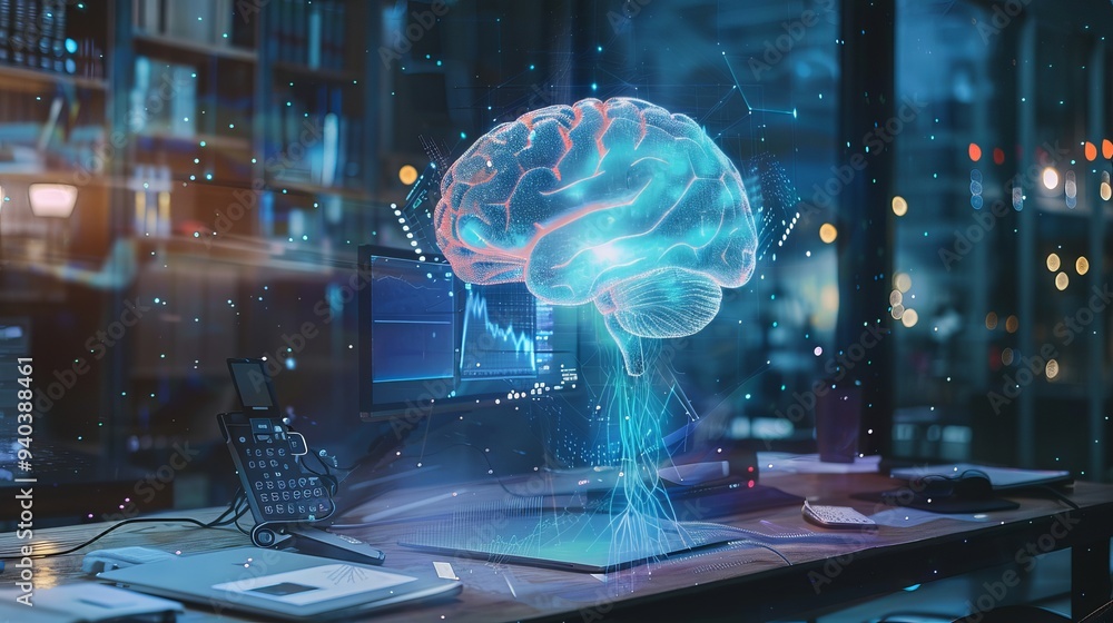 Poster multi-exposure of modern workspace featuring computer, human brain hologram, and creative brainstorm