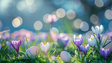 4. Lush green grass with vibrantly painted Easter eggs and delicate white and purple crocus flowers, dreamy bokeh background, creating a bright and cheerful festive scene, detailed and colorful,