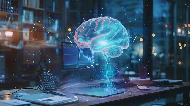 Multi-exposure of modern workspace featuring computer, human brain hologram, and creative brainstorm concept with digital interface and data visualization elements - Powered by Adobe