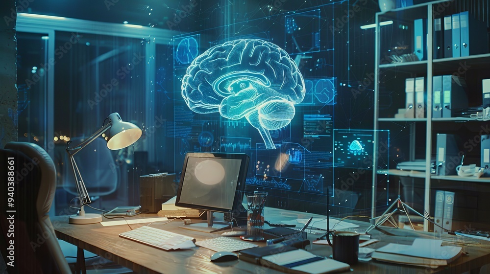Poster multi-exposure of modern workspace featuring computer, human brain hologram, and creative brainstorm