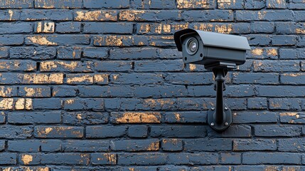 A black security camera mounted on a weathered black brick wall, providing surveillance in an urban environment.