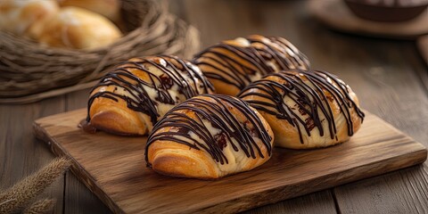 Close-up of four chocolate-drizzled pastries on a wooden cutting board.