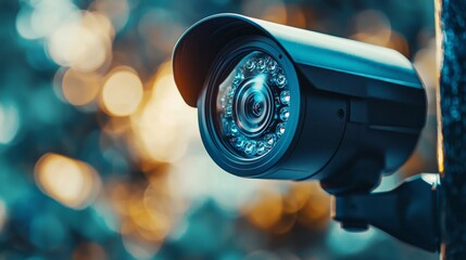 A close-up view of a black security camera with a bokeh background, showcasing its intricate lens details.