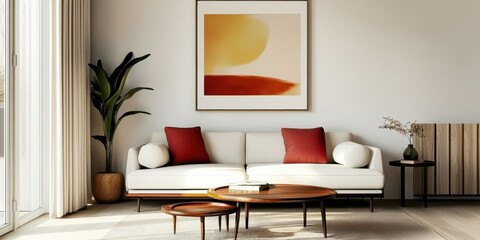 a minimalist modern living room interior, white sofa with red cushions, framed abstract painting on the wall, potted plant, wooden floor with a rug, mid-century modern coffee table, natural light from