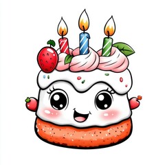 Fototapeta premium Cute Cartoon Birthday Cake with Candles and Strawberry