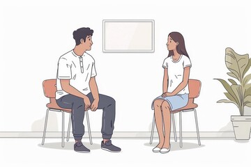 Fototapeta premium Summer encounter a man sits on letters while a woman stands, both in playful cartoon style