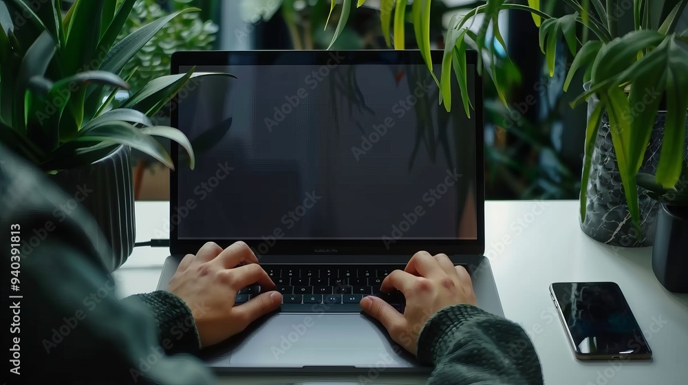 Poster person working on laptop with blank notebook computer screen mockup, ideal for website design, digit