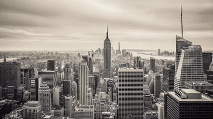 Black and white New York City panorama which brings forward which brings forward