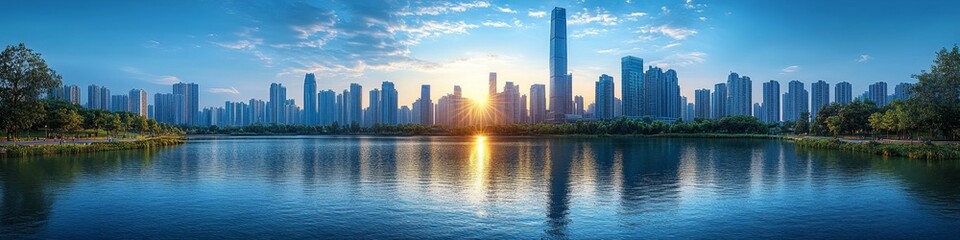 Obraz premium Aerial Urban Oasis: Modern Cityscape with Scenic Highway, Tranquil Lake, and Lush Gardens. Breathtaking Panoramic View for Travel Inspiration, Urban Planning, and Holiday Marketing. Versatile Backgrou