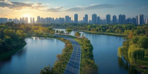 Obraz premium Aerial Urban Oasis: Modern Cityscape with Scenic Highway, Tranquil Lake, and Lush Gardens. Breathtaking Panoramic View for Travel Inspiration, Urban Planning, and Holiday Marketing. Versatile Backgrou