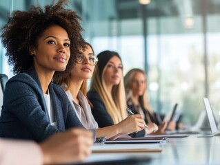 Women of various ethnic backgrounds leading a meeting in a corporate boardroom, highlighting leadership and equality, Female leaders, Corporate workforce
