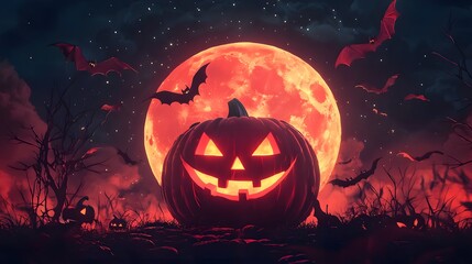 Fototapeta premium A spooky Halloween scene featuring a glowing pumpkin under a full moon.