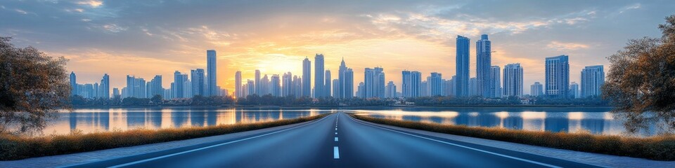 Obraz premium Aerial Urban Oasis: Modern Cityscape with Scenic Highway, Tranquil Lake, and Lush Gardens. Breathtaking Panoramic View for Travel Inspiration, Urban Planning, and Holiday Marketing. Versatile Backgrou