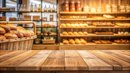 Wooden top with blurred empty bakery shop background for product advertising mockup, wood, top, blurred, empty