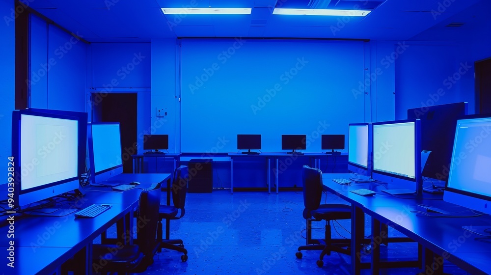 Poster modern computer lab with blue screens displaying digital data in a high-tech office environment – cl