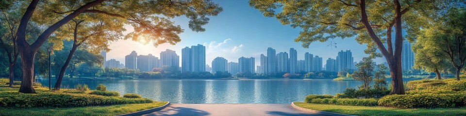 Naklejka premium Aerial Urban Oasis: Modern Cityscape with Scenic Highway, Tranquil Lake, and Lush Gardens. Breathtaking Panoramic View for Travel Inspiration, Urban Planning, and Holiday Marketing. Versatile Backgrou