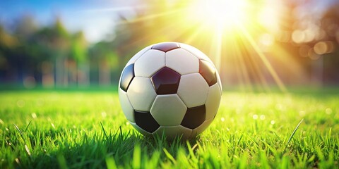 Fototapeta premium Soccer ball on vibrant green grass field, perfect for sports and outdoor activities, Soccer, ball, green grass, , field, sport
