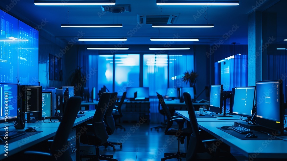 Poster modern computer lab with blue screens displaying digital data in a high-tech office environment – cl