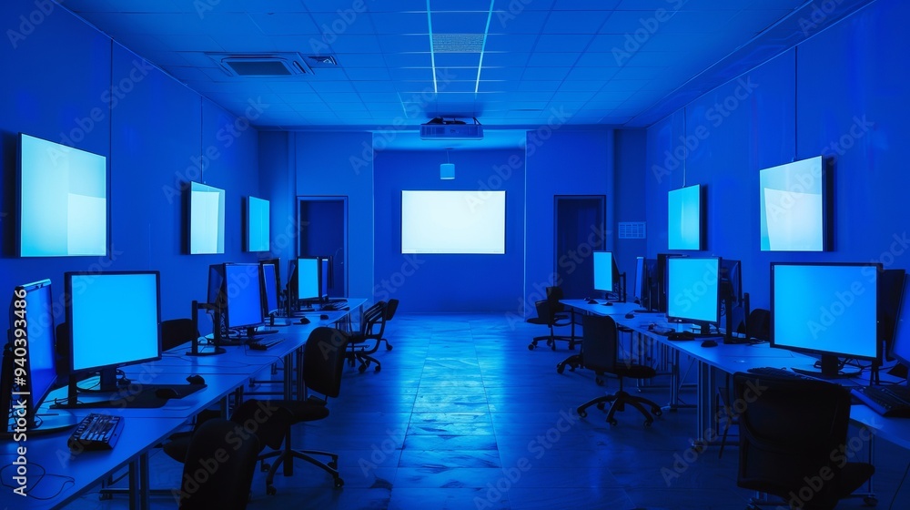 Poster modern computer lab with blue screens displaying digital data in a high-tech office environment – cl