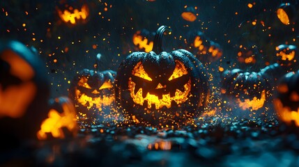 A spooky Halloween scene with glowing jack-o'-lanterns in an eerie atmosphere.