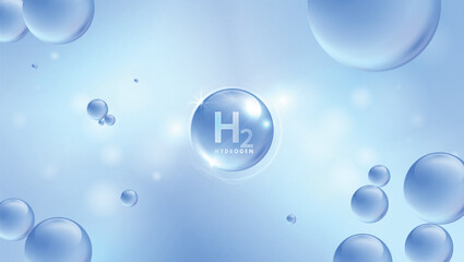 Hydrogen H2 production. renewable energy source. renewable Eco energy. hydrogen energy powered by renewable electricity with water molecule in transparent style. vector design.