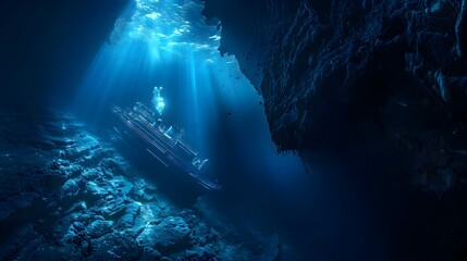 Sunbeams Illuminate a Shipwreck in a Deep Ocean Cave