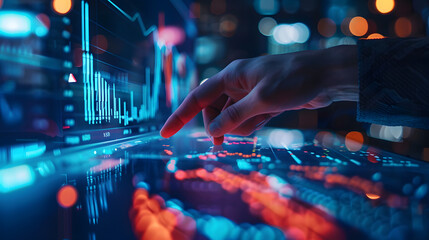  A hand reaching towards a glowing digital interface with data charts, graphs, and futuristic elements, representing technology, data analysis, and innovation.