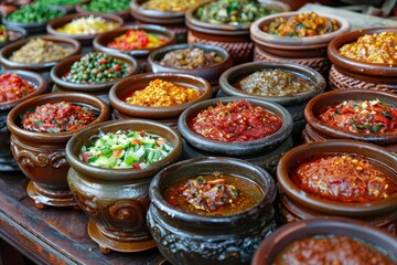 Fototapeta premium A row of earthenware bowls brimming with vibrant, colorful sauces and spices.