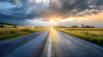 Empty Road Leading Towards Golden Sunset