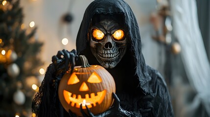 A spooky figure in a dark cloak holds a glowing jack-o'-lantern.