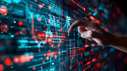 A hand navigating through a futuristic digital interface filled with complex data visualizations, charts, and analytics, representing advanced technology and real-time data processing.
