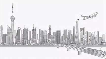 Black outlines Infrastructure illustration. Large highway in city. Modern town at white background, tower and skyscrapers, business building. Planes are flying. Vector design art which is very beautif