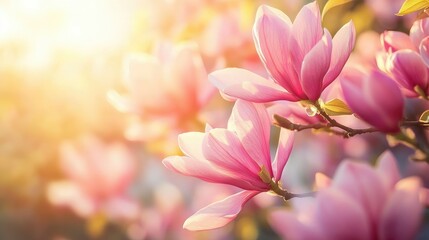 Pink magnolia flowers blooming in spring garden