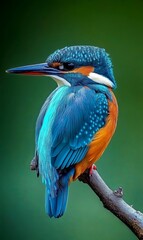 A colorful kingfisher with vibrant blue feathers perches on a branch against a green backdrop.