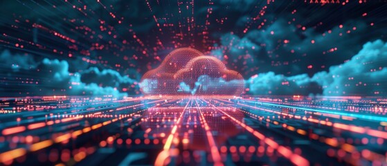 Fototapeta premium Digital Cloud Computing Hologram Synchronized with Data Nodes of the Future