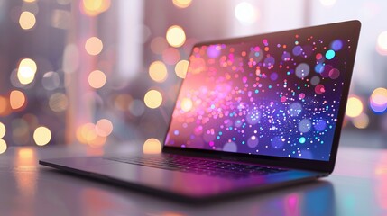 Professional laptop on white background showcasing vibrant holographic graph symbolizing business growth and success