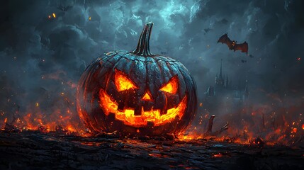 Naklejka premium A glowing jack-o'-lantern amidst a dark, eerie landscape at night.