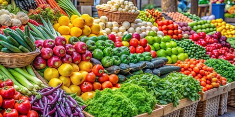 Close-up of colorful array of fresh produce including fruits and vegetables on display at a farmers market stall