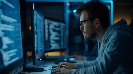 Programmer working on computer in modern it office, typing data and coding, analyzing software code on screen, focused on programming tasks