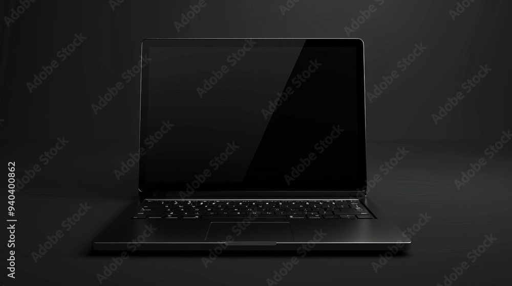 Poster futuristic laptop computer with dark screen and colorful neon lights, modern tech concept with high-