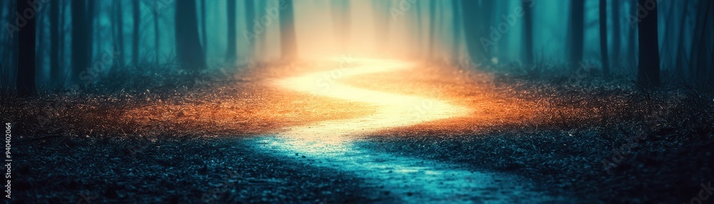 Poster a mystical forest path illuminated with soft light, inviting exploration and adventure in a serene a