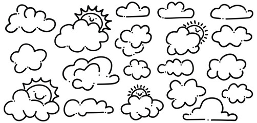 Hand-Drawn Cloud Doodle Set | Cute Cartoon Sun and Cloud Line Art Illustrations for Weather, Children’s Design, and Creative Projects