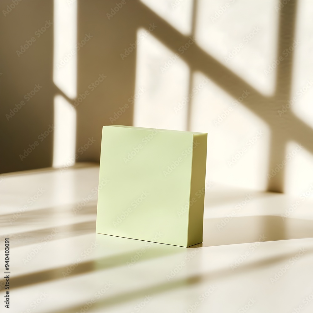 Poster closeup of a green sticky note holder placed centrally on a light plain background the simple minima