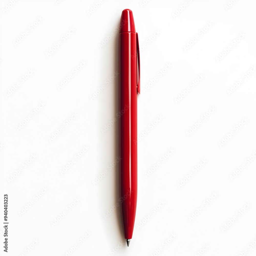 Aufkleber close up of a red ballpoint pen lying flat at the center of a plain white surface creating a simple 