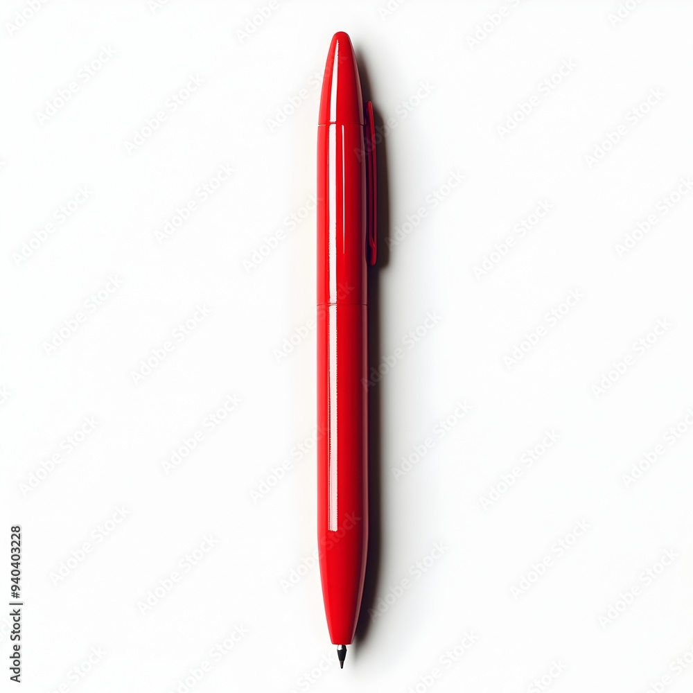 Aufkleber closeup of a single red ballpoint pen lying flat at the center of a clean white background creating 