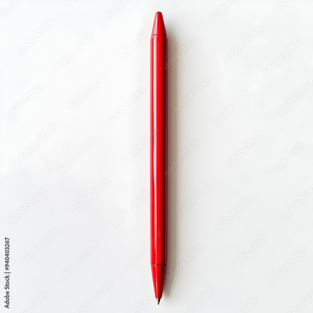 Poster closeup of a red ballpoint pen lying flat and centered on a plain white background simple and minima